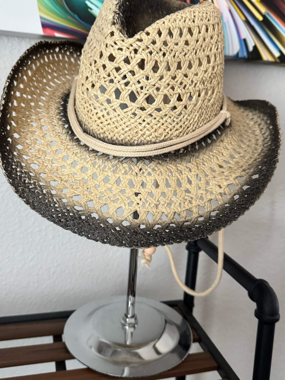Straw Woven Cowboy Hat with Dark Brim - Natural